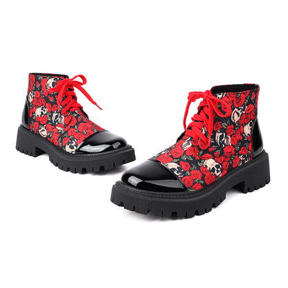 Women's Flowers Printed Lace-Up Round Toe Flat Platform Ankle Boots