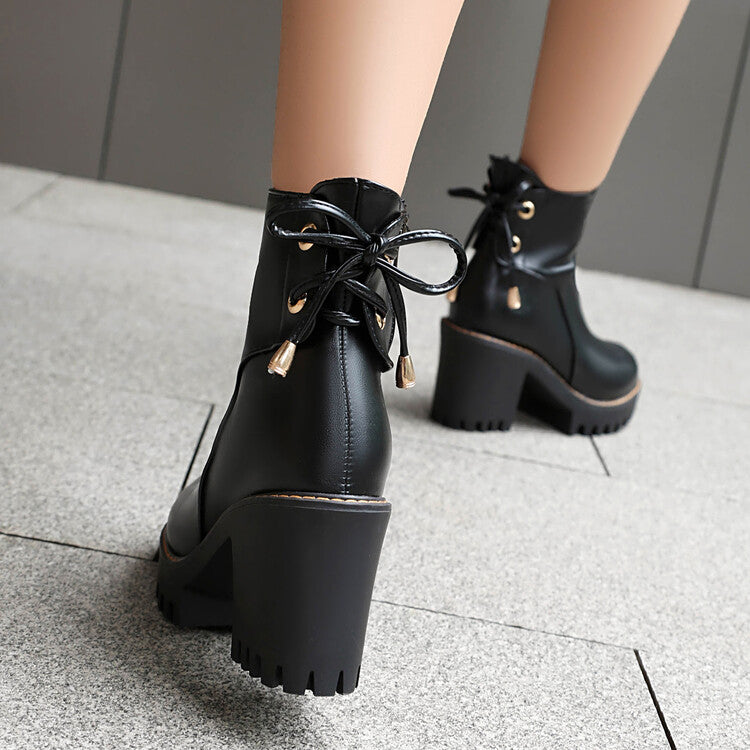 Women's Round Toe Lace-up Platform High Heel Ankle Boots