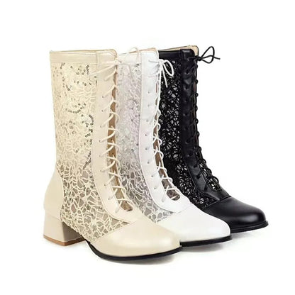 Women's Round Toe Lace-up Hollow Out Mid-Calf Boots