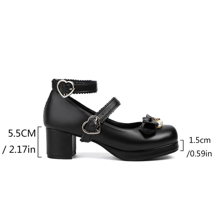 Women's Bowtie Buckle Chunky Heel Platform Pumps High Heels Mary Jane Lolita Shoes