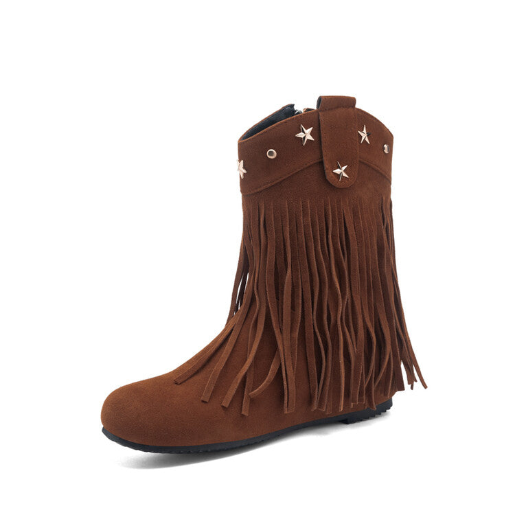 Women's Tassel Round Toe Increased Internal Mid Calf Boots