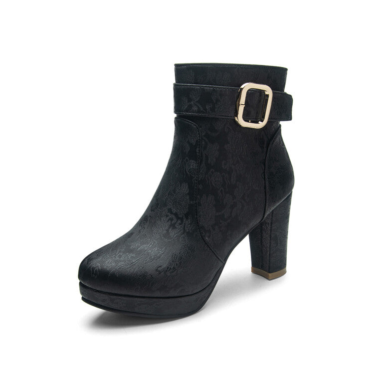 Women's Round Toe Platform Chunky High Heel Ankle Boots