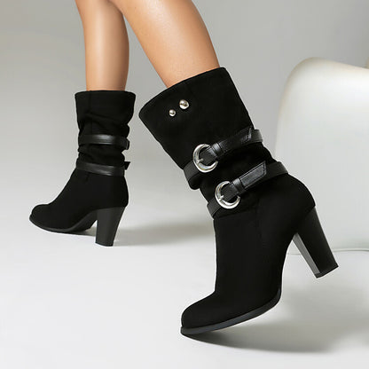 Women's Leopord Pattern Buckle Strap Round Toe Block Heel Mid Calf Boots