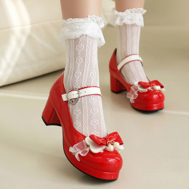 Women's Bow Pearl Chunky Heel Platform Pumps High Heels Mary Jane Lolita Shoes