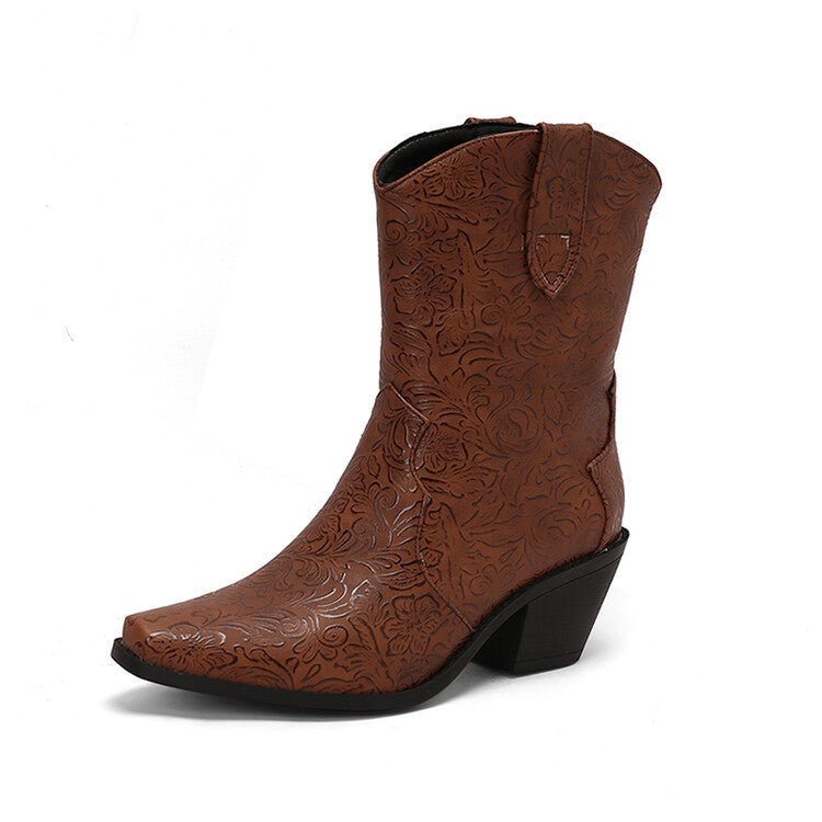 Women's Pointed Toe Square Heel Western Mid-calf Boots