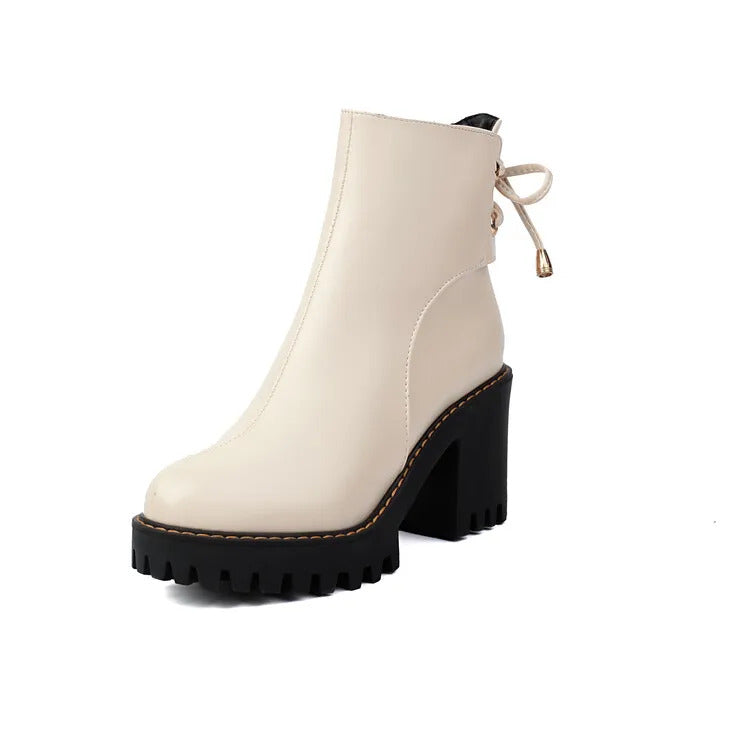 Women's Round Toe Lace-up Platform High Heel Ankle Boots