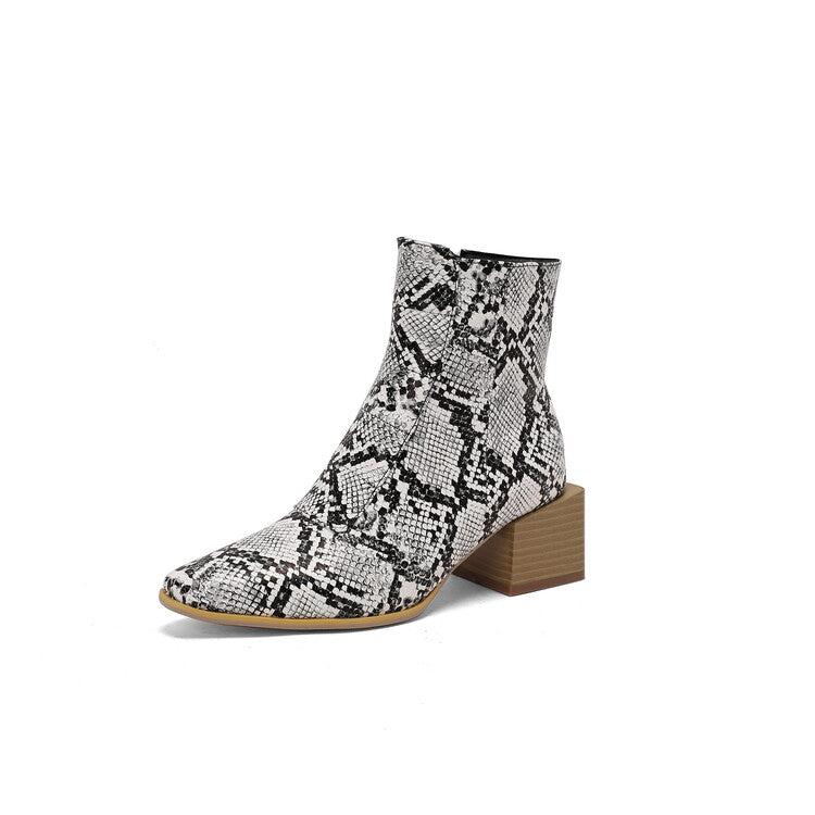 Women's Snake Pattern Pointed Toe Square Heel Short Boots