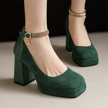 Women's Ankle Strap Square Toe High Heel Platform Pumps