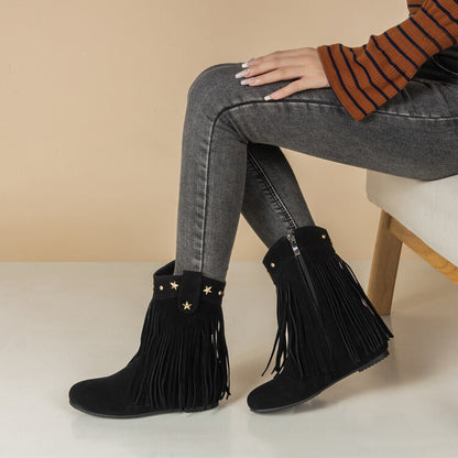 Women's Tassel Round Toe Increased Internal Mid Calf Boots