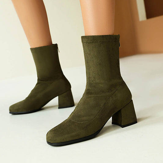 Women's Velvet Square Toe Block Heel Short Boots