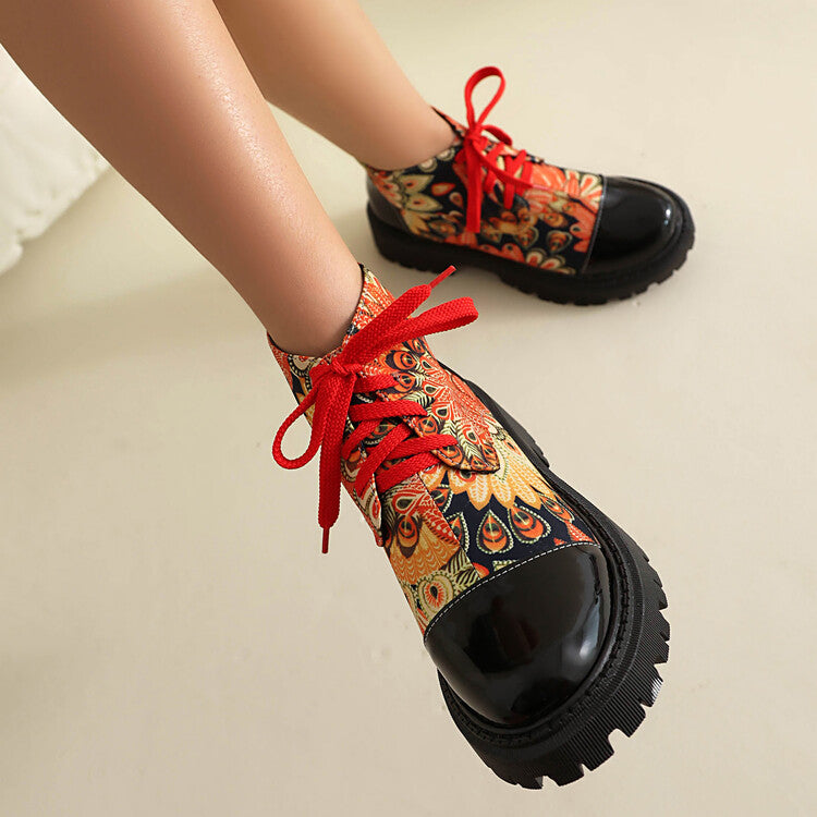 Women's Flowers Printed Lace-Up Round Toe Flat Platform Ankle Boots