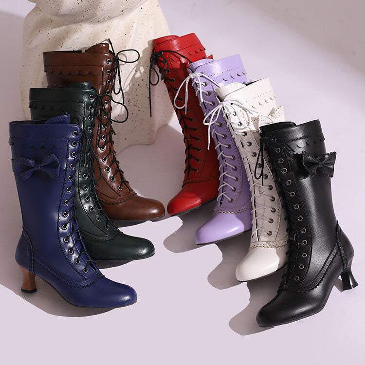 Women's Bows Round Toe Hoof Heel Mid Calf Boots