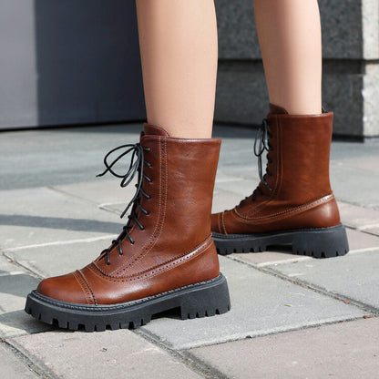 Women's Lace-Up Round Toe Flat Platform Short Boots