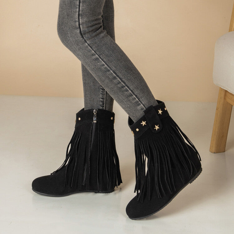 Women's Tassel Round Toe Increased Internal Mid Calf Boots