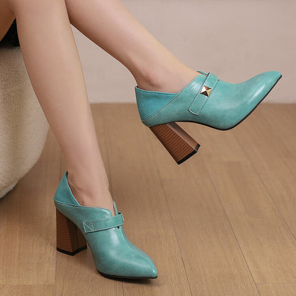 Women's Pointed Toe Rivets Square Heel Loafers Shoes