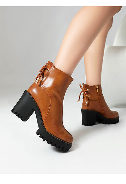 Women's Round Toe Lace-up Platform High Heel Ankle Boots