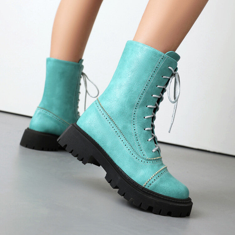 Women's Lace-Up Round Toe Flat Platform Short Boots