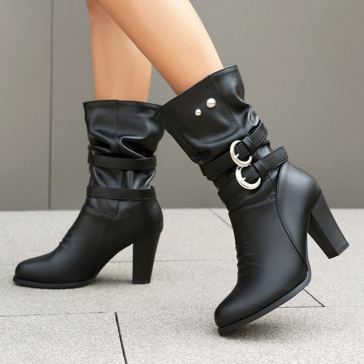 Women's Leopord Pattern Buckle Strap Round Toe Block Heel Mid Calf Boots