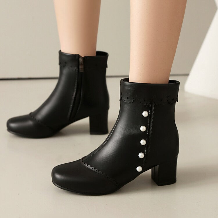 Women's Ruffles Pearls Round Toe Block Heel Mid Calf Boots