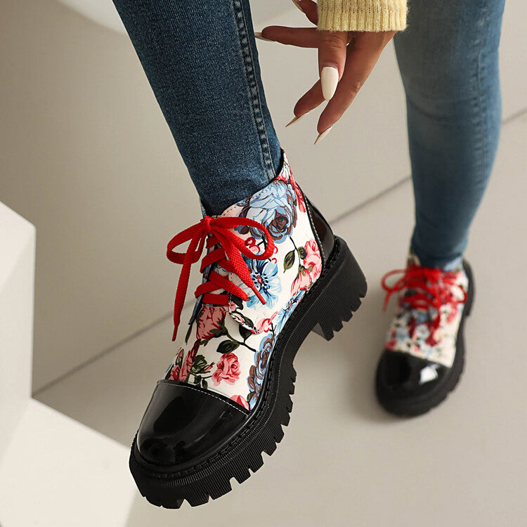 Women's Flowers Printed Lace-Up Round Toe Flat Platform Ankle Boots