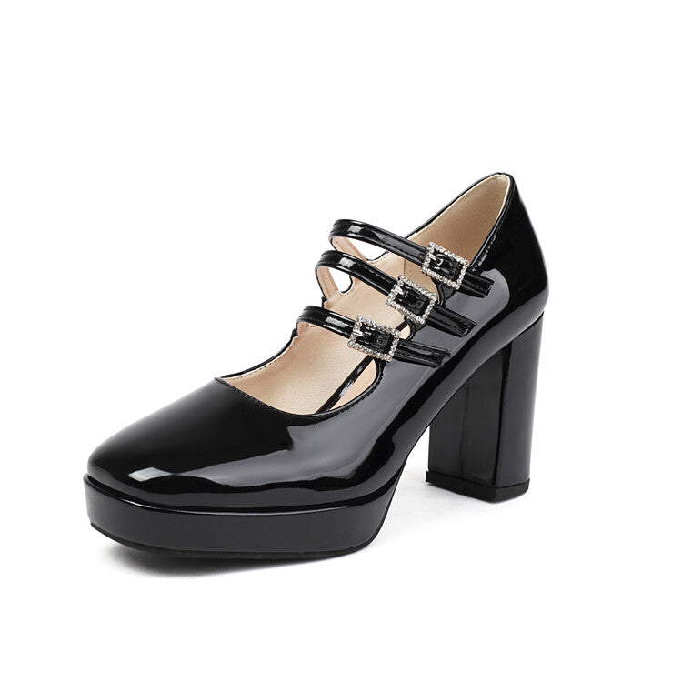 Women's Metal Glossy Square Toe Platform Pumps Square Heel Mary Janes