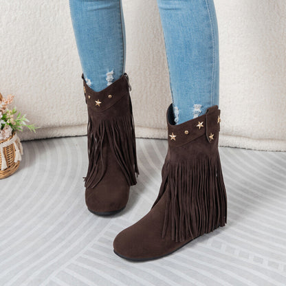 Women's Tassel Round Toe Increased Internal Mid Calf Boots