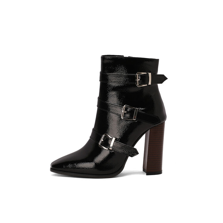 Women's Snake Pattern Buckle Strap Pointed Toe Square Heel Short Boots