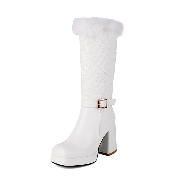 Women's Square Toe Platform High Heel Fur Mid-Calf Boots