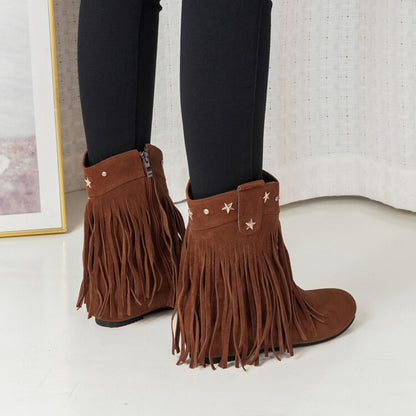 Women's Tassel Round Toe Increased Internal Mid Calf Boots