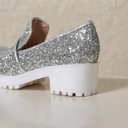 Women's Sequined Square Toe Block Heel Platform Loafers Shoes