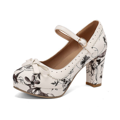 Women's High Heel Printed Bow Platform Pumps Mary Jane Shoes