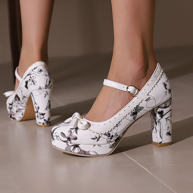 Women's High Heel Printed Bow Platform Pumps Mary Jane Shoes