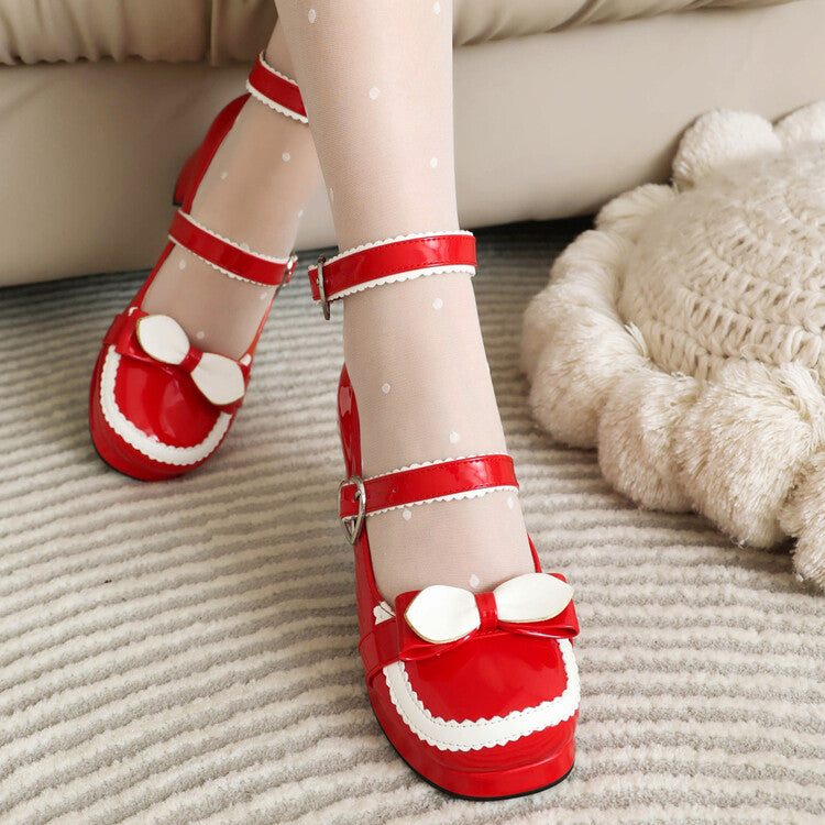 Women's Mary Jane Bow Chunky Heel Platform Pumps High Heels Lolita Shoes