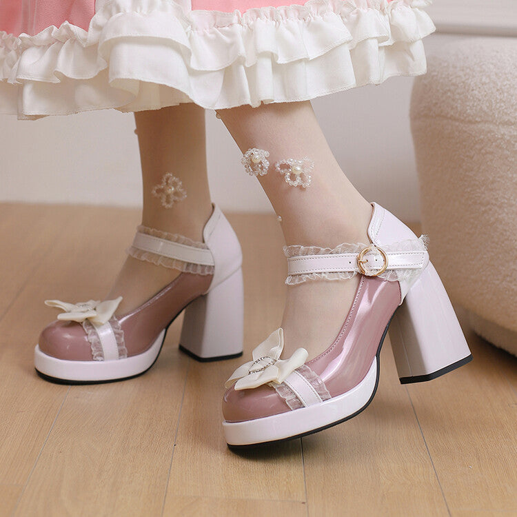 Women's Square Toe Lolita Lace High Heel Platform Pumps