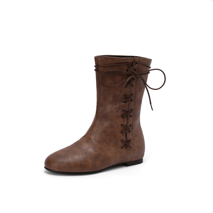 Women'S Lace-Up Round Toe Flat Mid Calf Boots