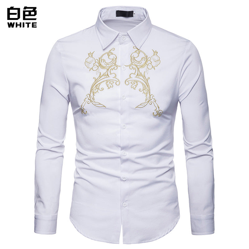 Men Turnover Collar Glossy Prints Long Sleeves Shirt