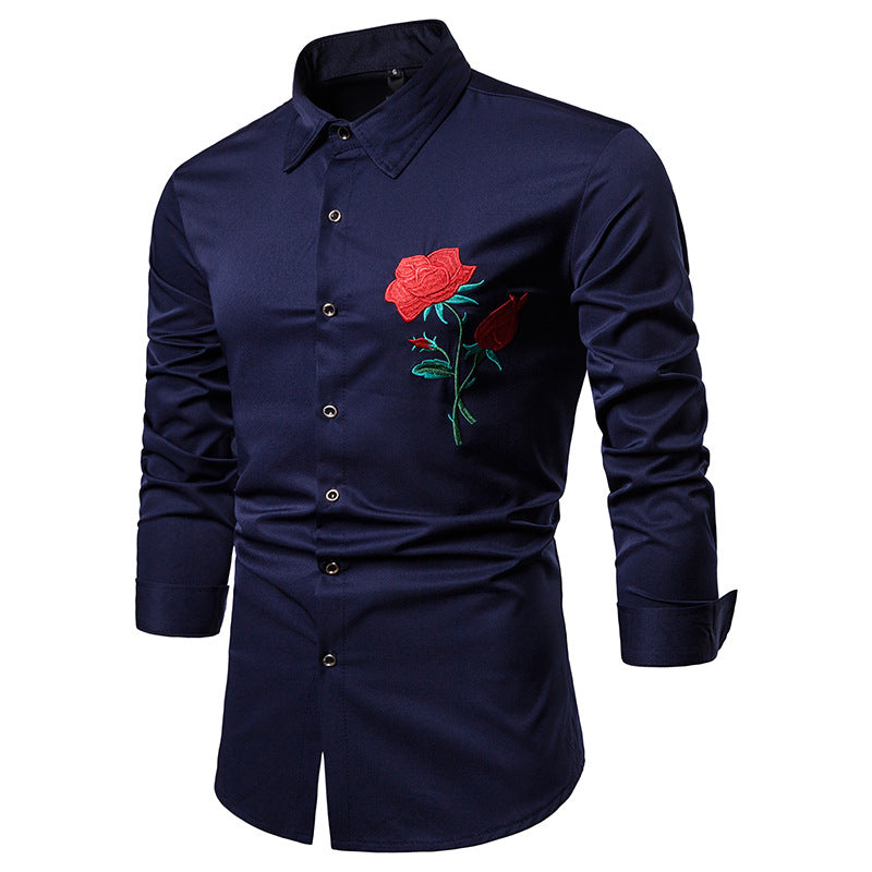 Men Embroidery Roses Turnover Collar Long Sleeves Shirt