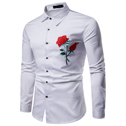 Men Embroidery Roses Turnover Collar Long Sleeves Shirt