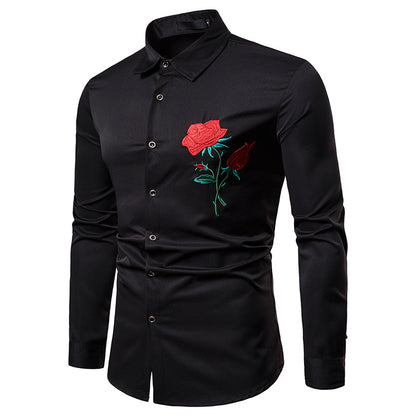 Men Embroidery Roses Turnover Collar Long Sleeves Shirt