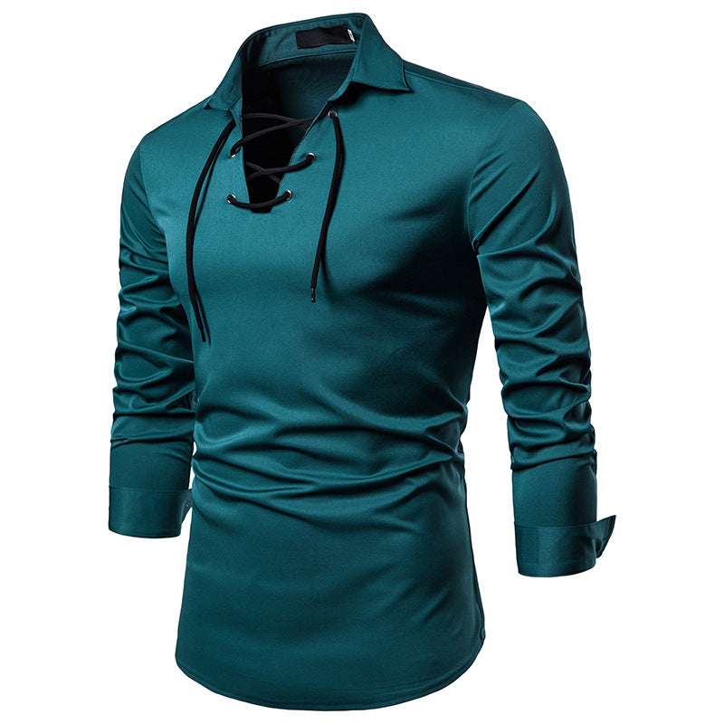 Men Turnover Collar Tied Straps Long Sleeves T-Shirt