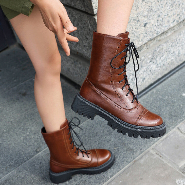 Women's Lace-Up Round Toe Flat Platform Short Boots