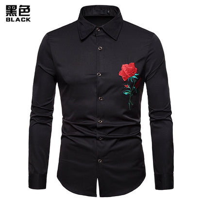 Men Embroidery Roses Turnover Collar Long Sleeves Shirt