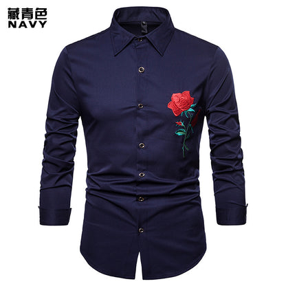 Men Embroidery Roses Turnover Collar Long Sleeves Shirt