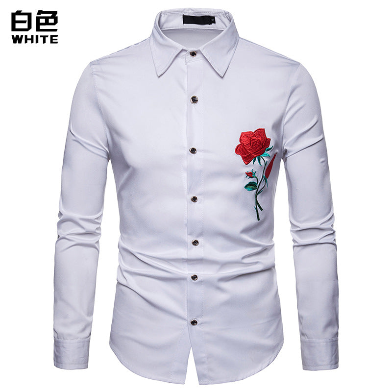 Men Embroidery Roses Turnover Collar Long Sleeves Shirt