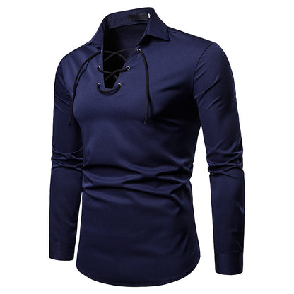 Men Turnover Collar Tied Straps Long Sleeves T-Shirt