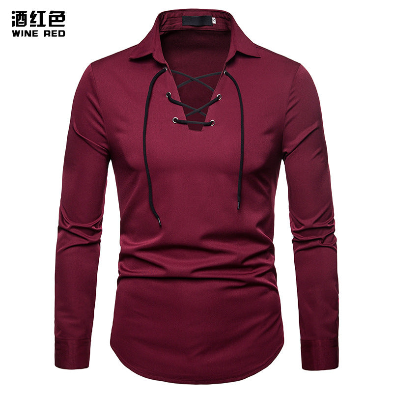 Men Turnover Collar Tied Straps Long Sleeves T-Shirt