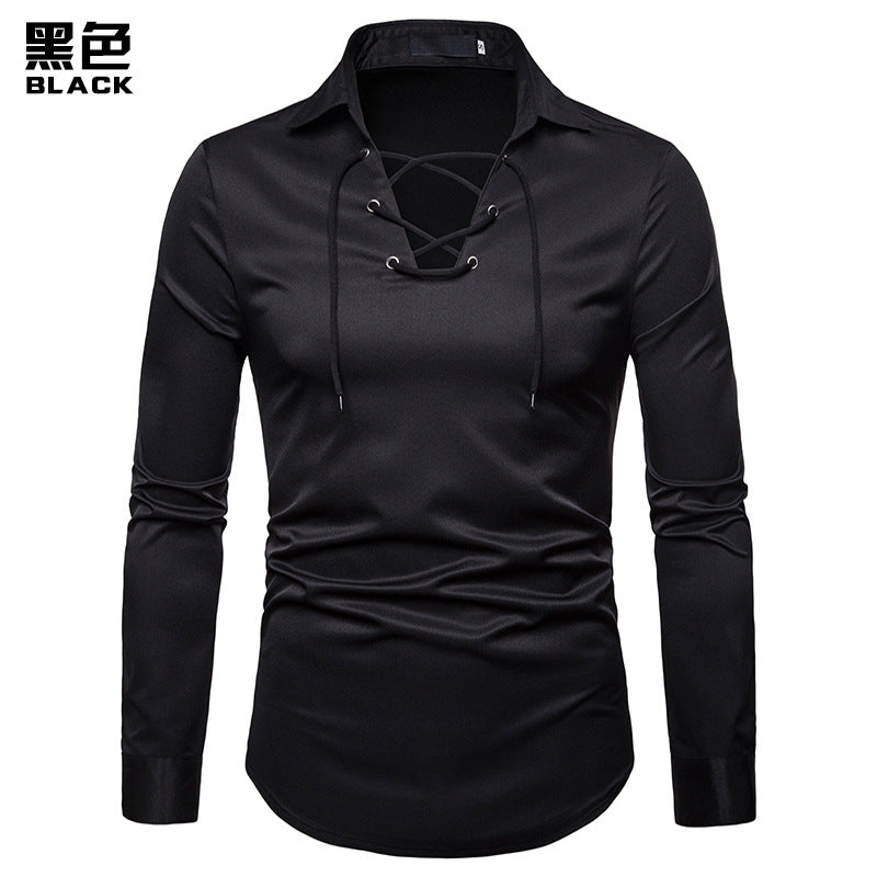 Men Turnover Collar Tied Straps Long Sleeves T-Shirt