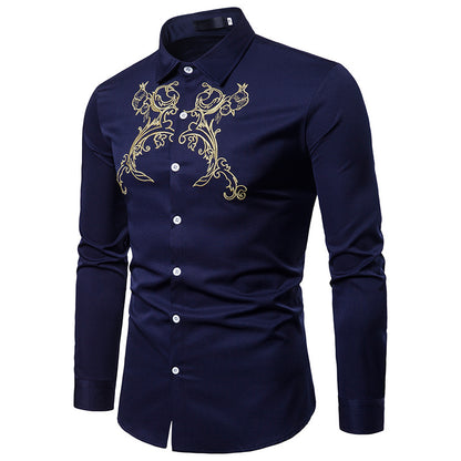 Men Turnover Collar Glossy Prints Long Sleeves Shirt