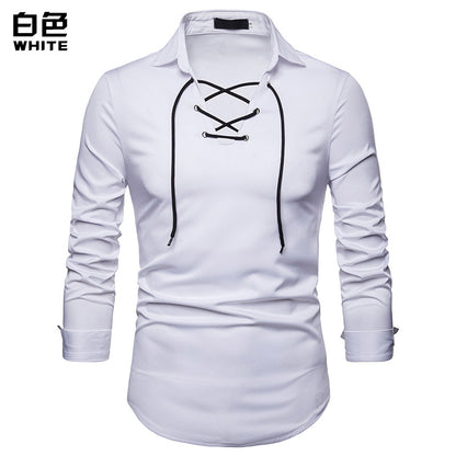 Men Turnover Collar Tied Straps Long Sleeves T-Shirt