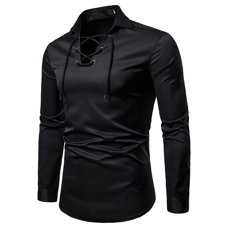 Men Turnover Collar Tied Straps Long Sleeves T-Shirt